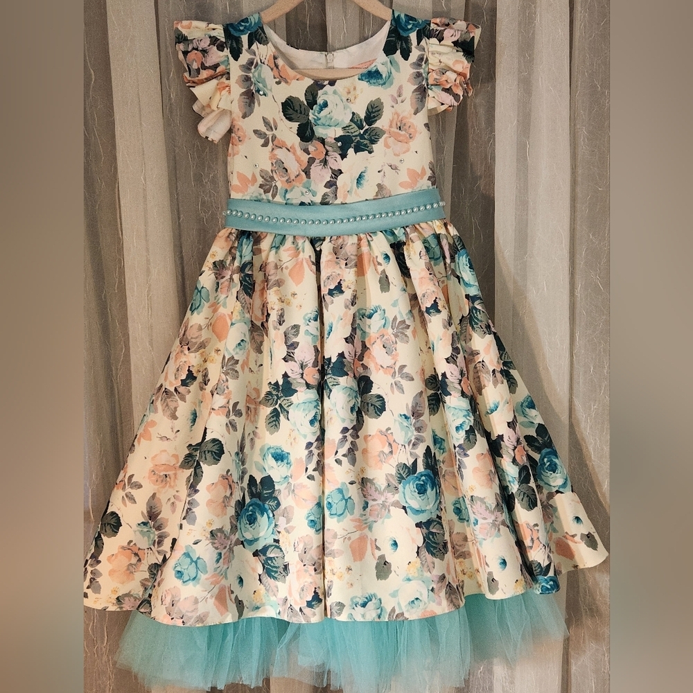 Pink Butterfly Elegant Teal Floral Dress w/ Teal/Peach Highlights, Size 6, GUC